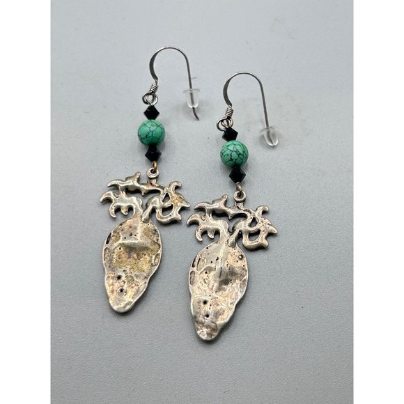 Sterling Silver Tribal Earrings Aztec Ethnic Face Design Long Pierced Dangles - Picture 5 of 6